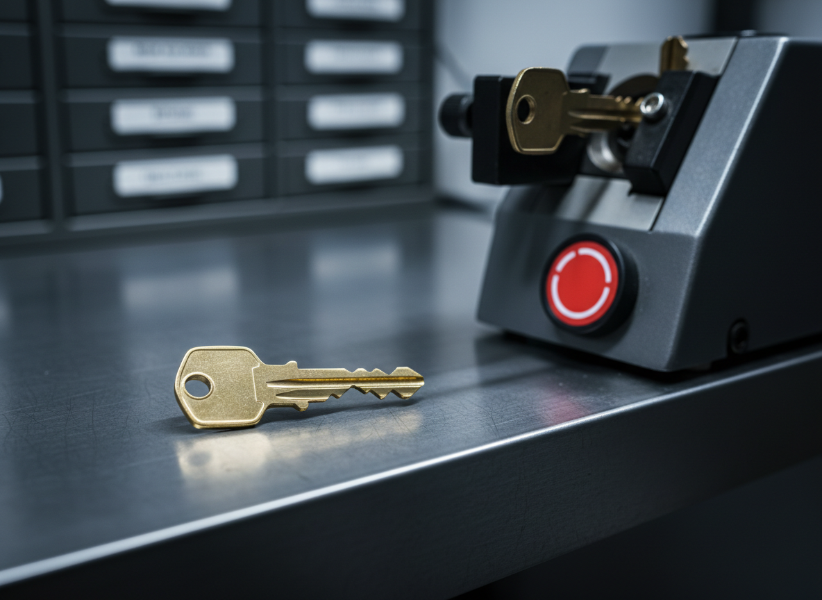 A close-up, photographic image of a shiny brass house key freshly cut, resting on a dark, brushed metal locksmith workbench. Next to it lies a precise key-cutting machine with a bright red emergency switch and finely milled steel clamps, slightly out of focus. Cool, focused overhead LED lighting creates crisp reflections on the key’s ridges and subtle shadows between the grooves, emphasizing precision and reliability. The background softly blurs into organized drawers of labeled key blanks. Shot at eye level with a shallow depth of field, the composition centers the finished key as a symbol of professional, 24-hour locksmith service, with a clean, modern, highly realistic aesthetic.